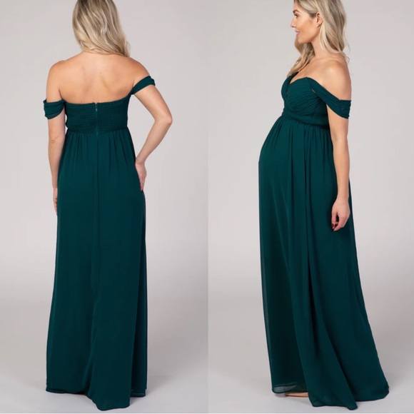 PinkBlush Forest Green Off Shoulder Chiffon Maxi Maternity Dress - Picture 2 of 2